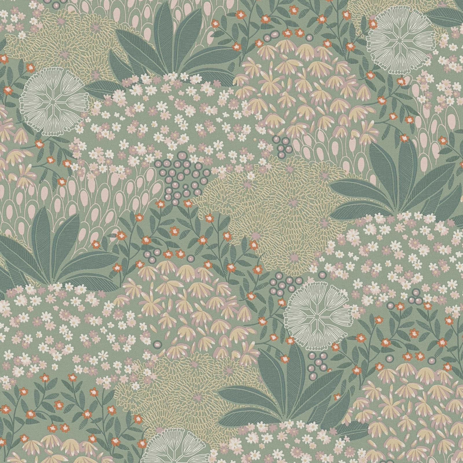 Nara - Vintage Flower botanical wallpaper AS Creation Roll Green  387401
