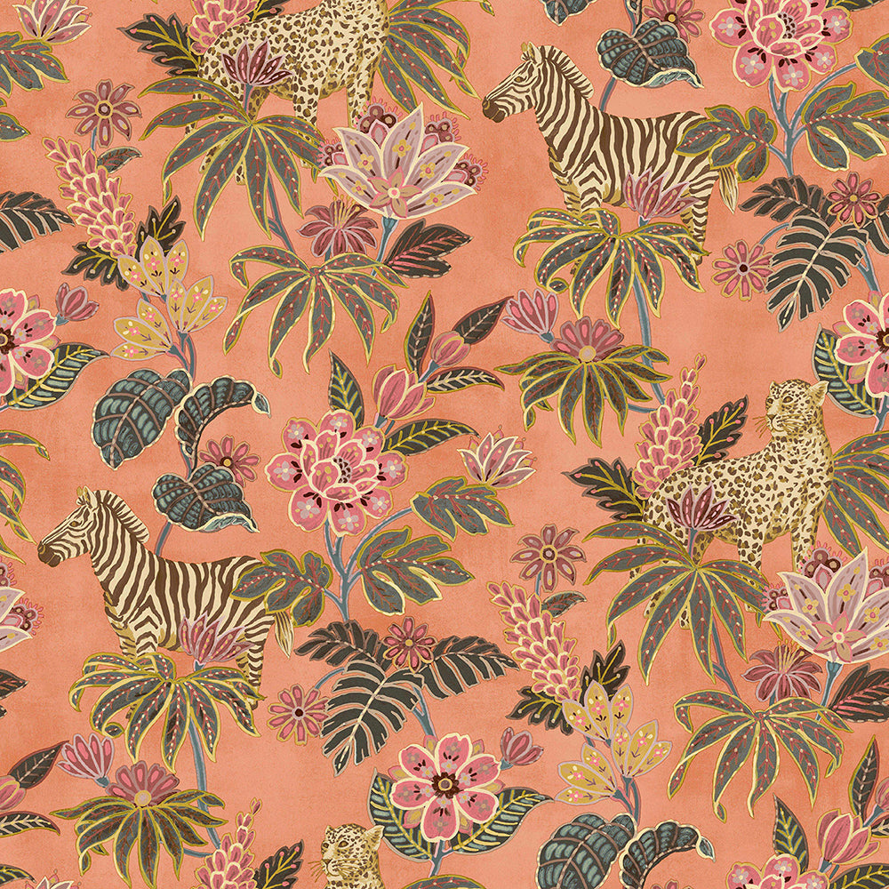 Flora - Zebras & Leopards botanical wallpaper Parato Roll Orange  18524