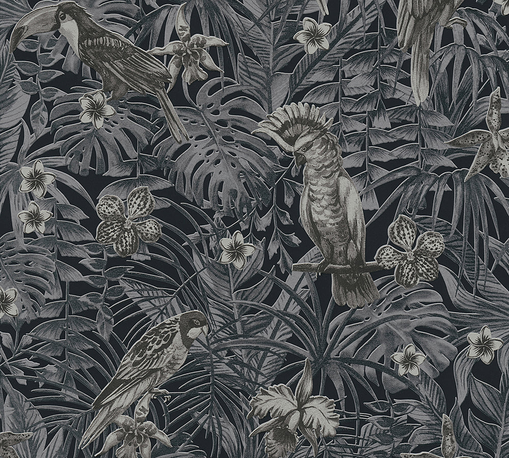 Greenery - Birds in Paradise botanical wallpaper AS Creation Roll Dark Grey  372104