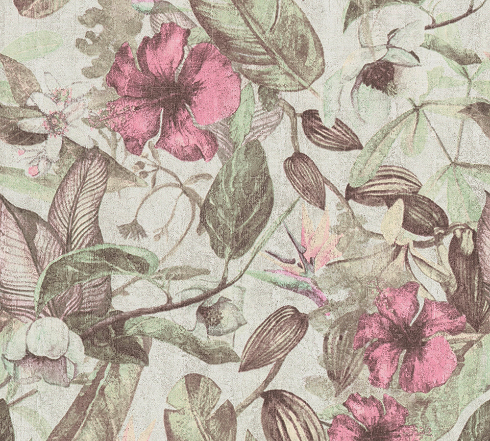 Greenery - Floral Frenzy botanical wallpaper AS Creation Roll Pink  372164