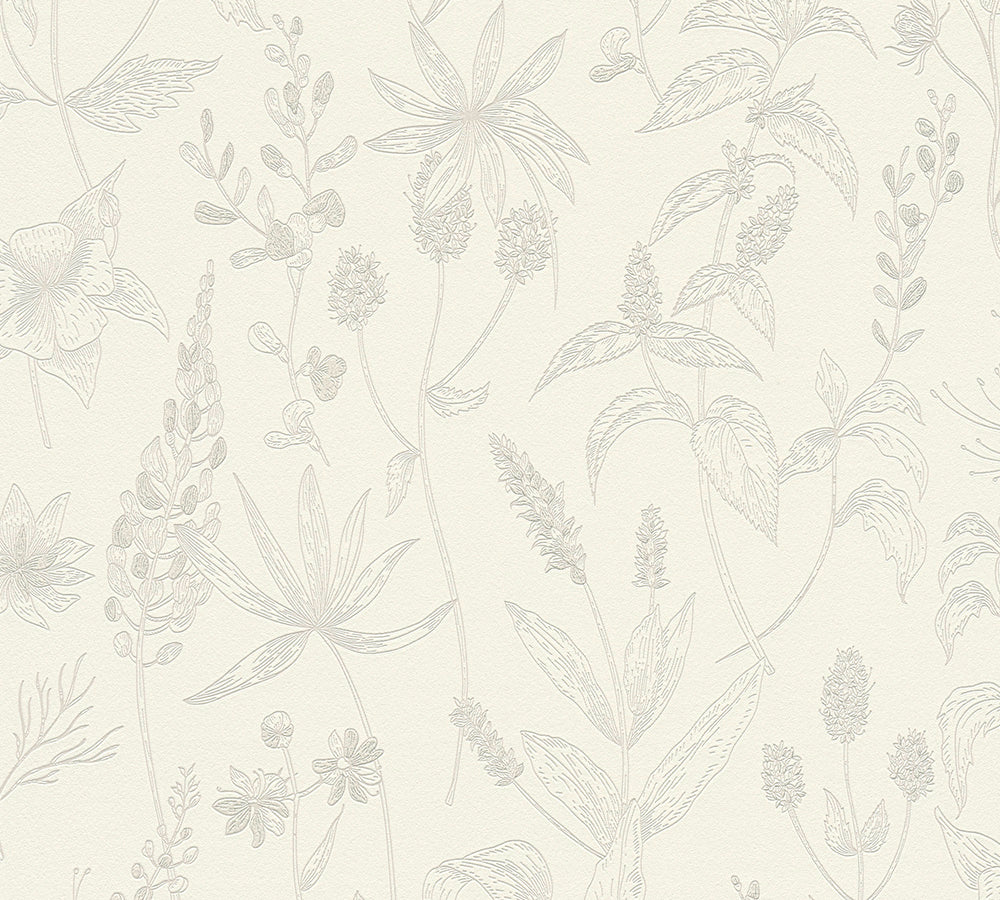 Trendwall - Etched Florals botanical wallpaper AS Creation Roll Light Cream  373631