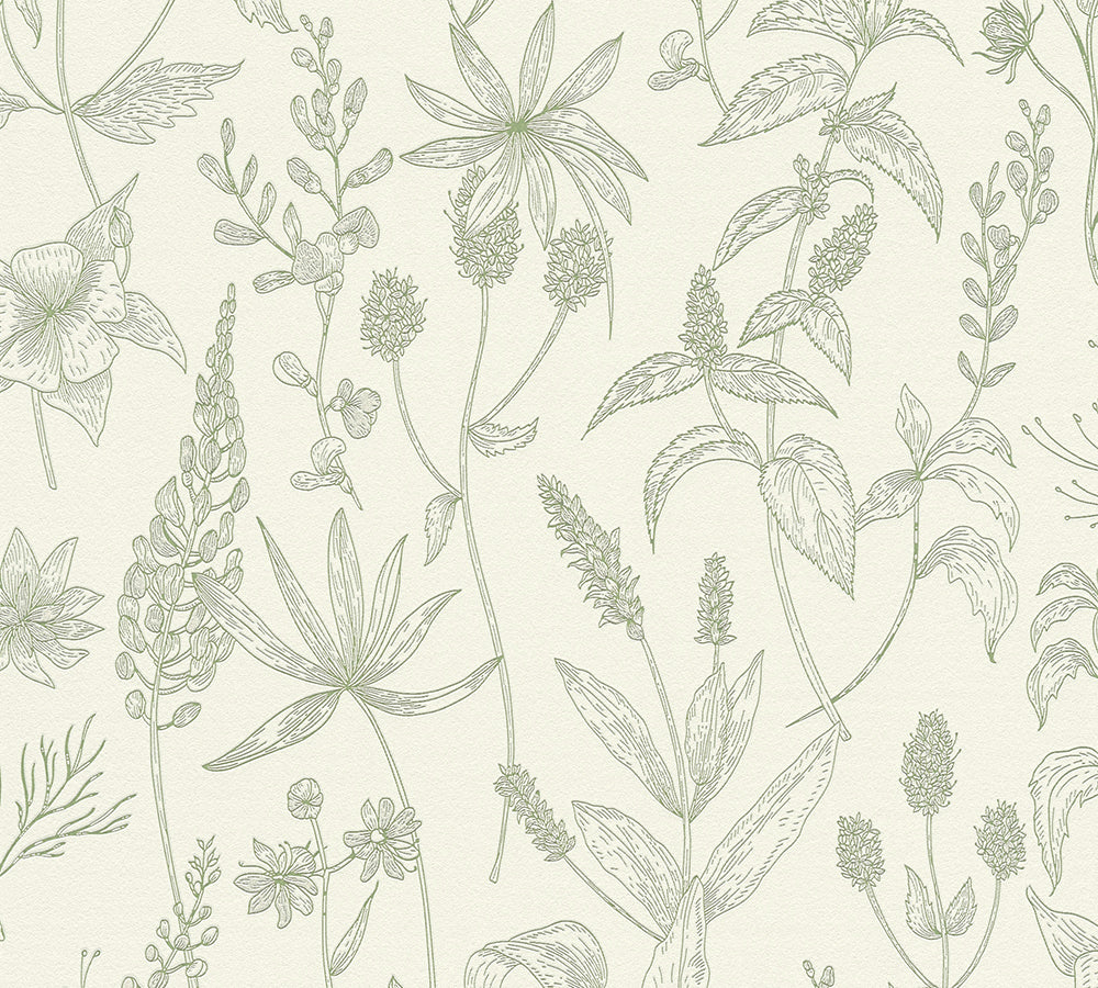Trendwall - Etched Florals botanical wallpaper AS Creation Roll Light Green  373635