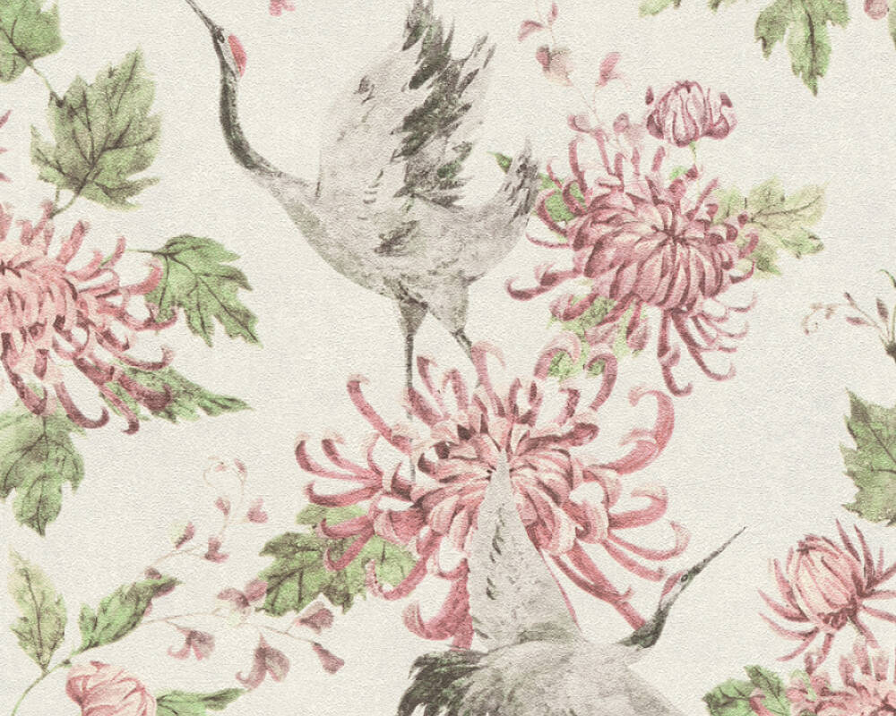 Asian Fusion - Cranes and Florals botanical wallpaper AS Creation Roll Cream  374642