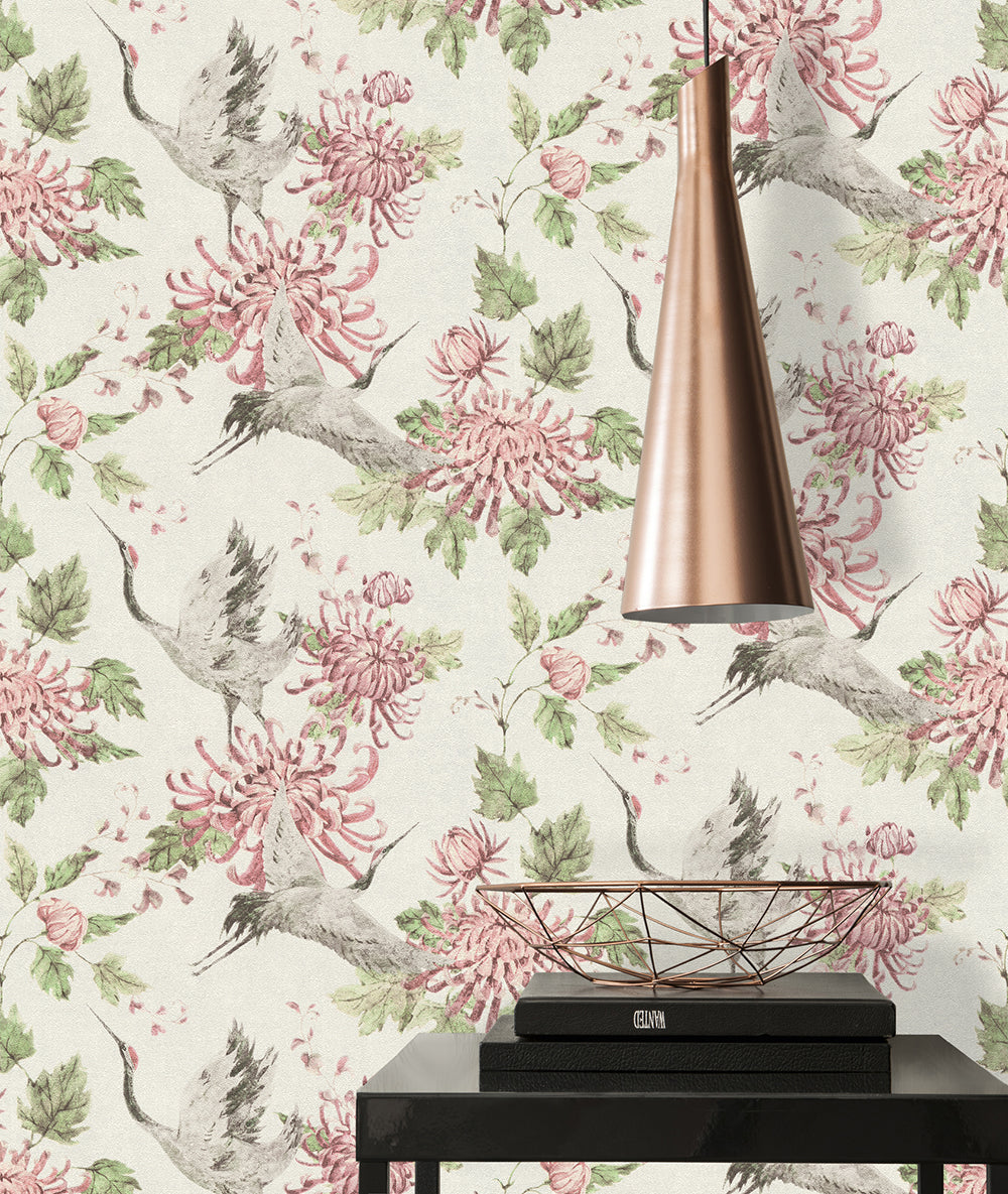 Asian Fusion - Cranes and Florals botanical wallpaper AS Creation    