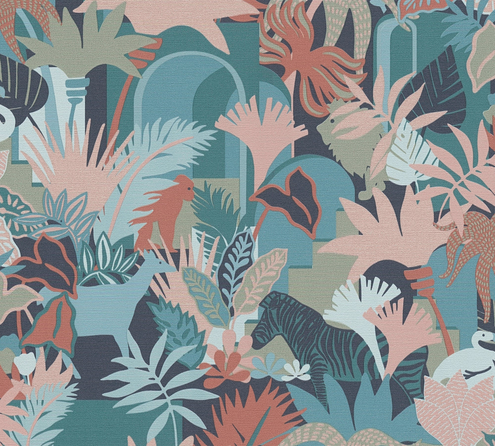Antigua - Jungle Animals botanical wallpaper AS Creation Roll Blue  390963