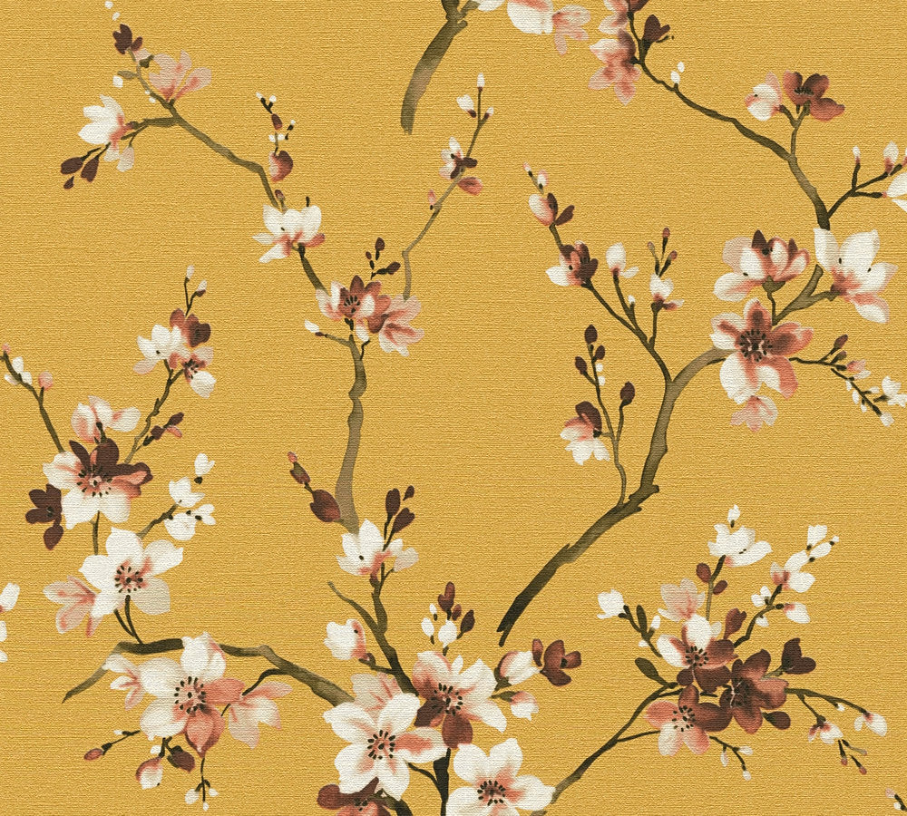 Desert Lodge - Cherry Blossom botanical wallpaper AS Creation Roll Yellow  385201