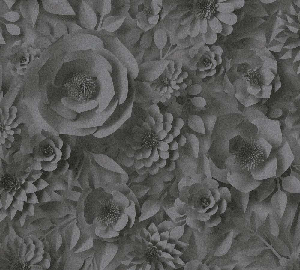 Pint Walls -  3D Effect Roses botanical wallpaper AS Creation Roll Dark Grey  387185