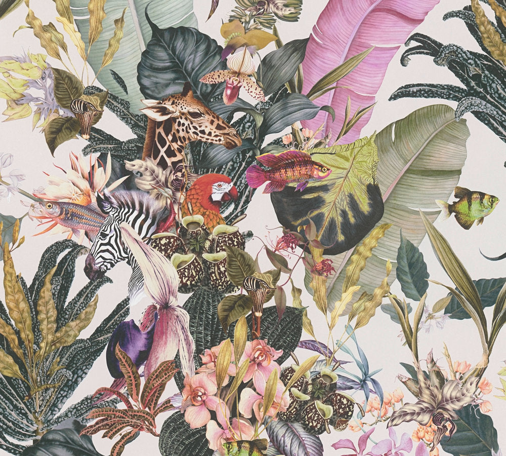 Dream Flowery - Tropical Animals botanical wallpaper AS Creation Roll White  381763