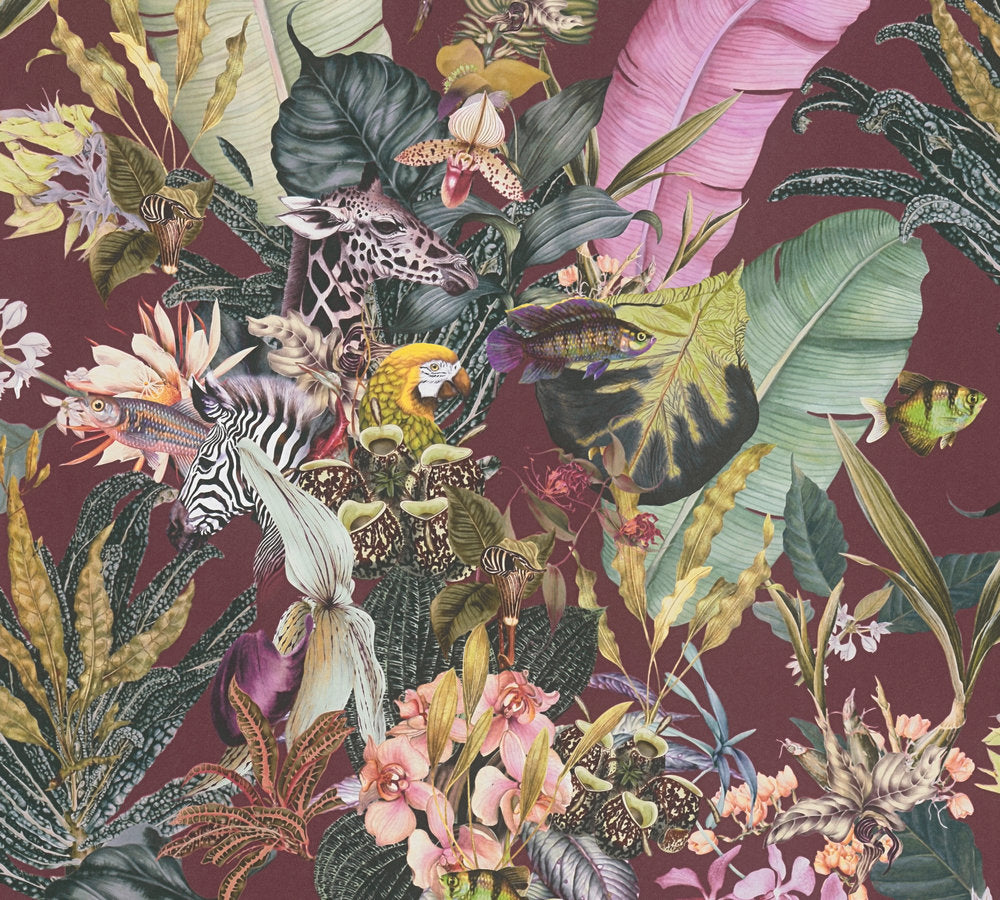 Dream Flowery - Tropical Animals botanical wallpaper AS Creation Roll Red  381765